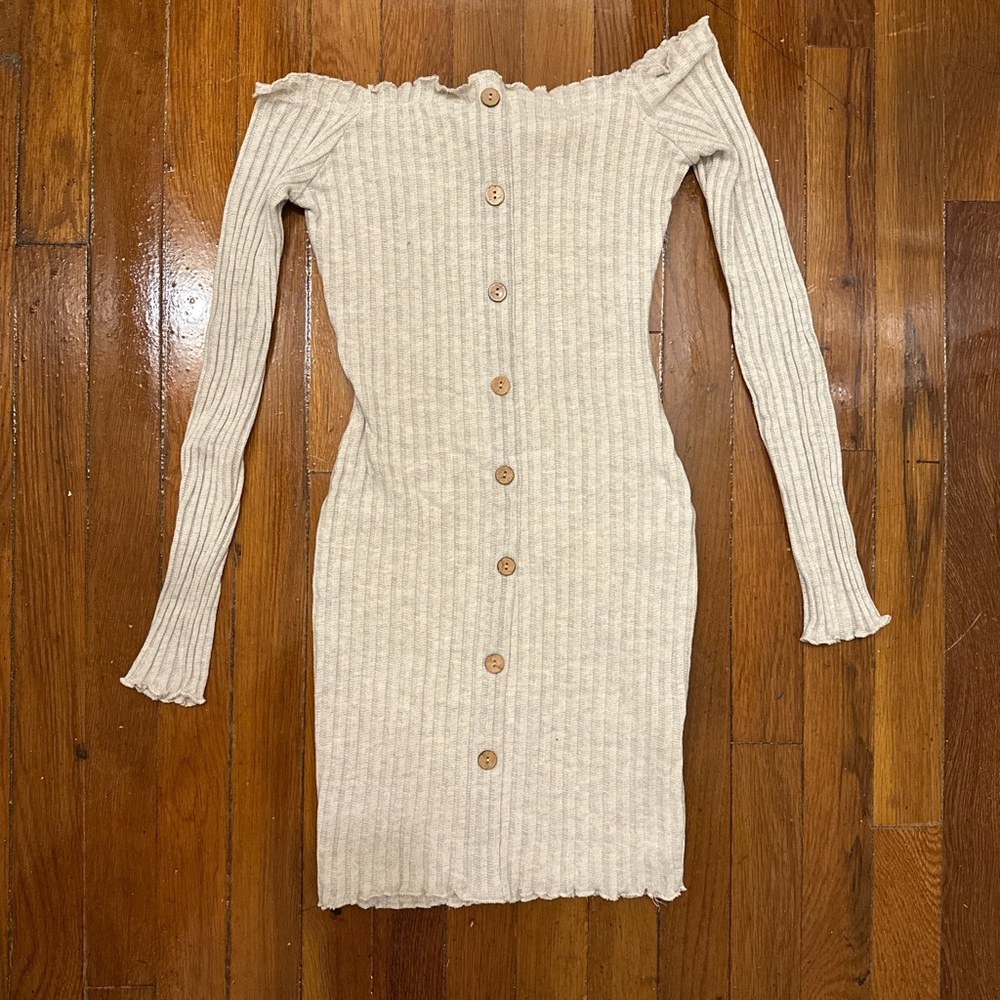 Elegant Cream Off-Shoulder Ribbed Dress